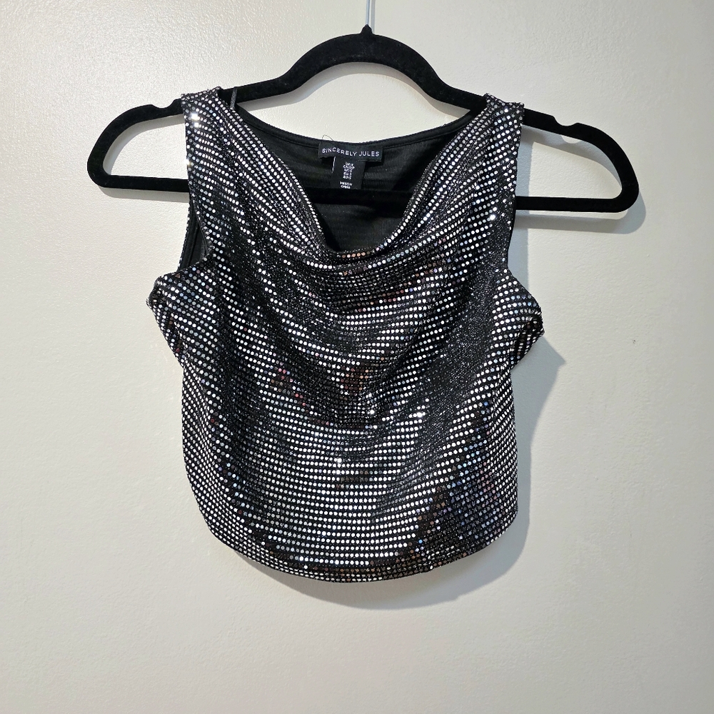 Silver Sequin Sleeveless Crop Top Size S